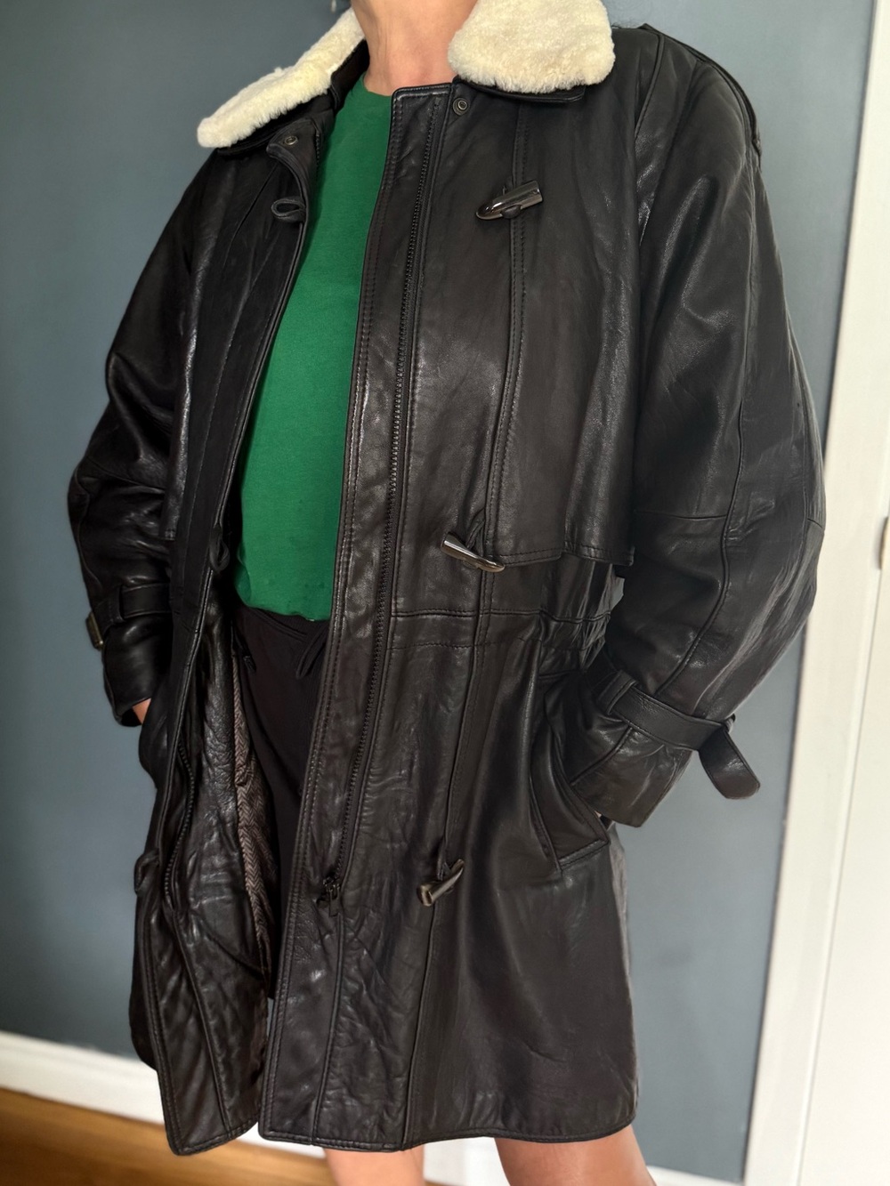 Womens Black Leather Coat with Shearling Collar